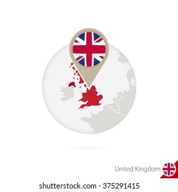 United Kingdom map and flag in circle. Map of United Kingdom, United Kingdom flag pin. Map of United Kingdom in the style of the globe. Vector Illustration.