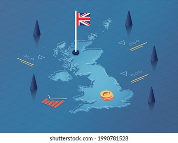 United Kingdom Map, Flag and Currency Modern Isometric Business and Economy Vector Illustration Design