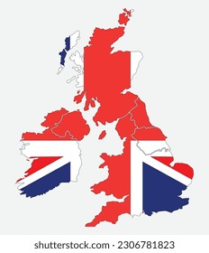 Mapa del Reino Unido con bandera aislada en fondo blanco.
