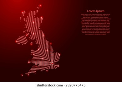 Reino Unido, mapa de futuristas círculos rojos concéntricos y brillantes estrellas para carteles, afiches, tarjetas de saludo
