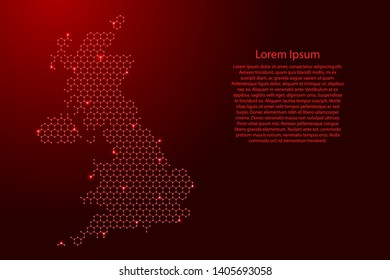 United Kingdom map from futuristic hexagonal shapes, lines, points red and glowing stars in nodes, form of honeycomb or molecular structure for banner, poster, greeting card. Vector illustration.