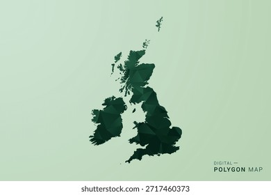 Mapa del Reino Unido - Ilustración vectorial de estilo de polígono verde, diseño geométrico de bajo poli con silueta limpia sobre fondo verde suave.