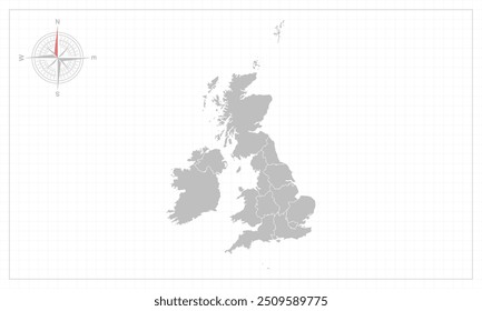United kingdom map with grey style and compas element.
