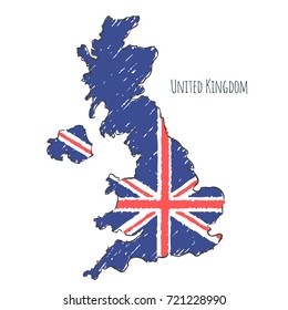 United Kingdom map hand drawn sketch. Vector flag, children's drawing.