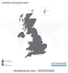 Reino Unido mapa alto detalhado com regiões e cidades do país sobre fundo branco. Ilustração vetorial EPS10.