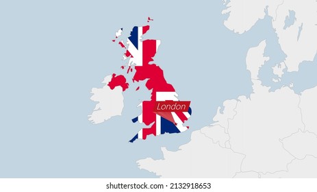 United Kingdom map highlighted in UK flag colors and pin of country capital London, map with neighboring European countries.