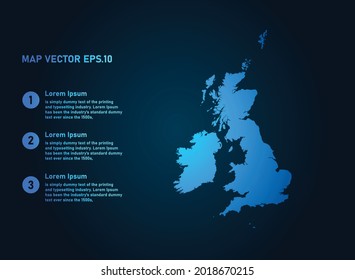 United Kingdom map, infographic style , on dark background with Map World. Wire frame 3D mesh , map 3D,