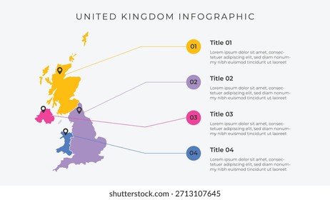 Plantilla de infografía del mapa del Reino Unido con 4 opciones. Infografía del mapa político del Reino Unido para presentación.