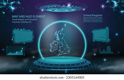 fondo del efecto de conexión de la luz de mapa del Reino Unido. interfaz de usuario de tecnología digital abstracta, GUI, interfaz virtual HUD futurista con mapa del Reino Unido. Estadio futurista podio en niebla.