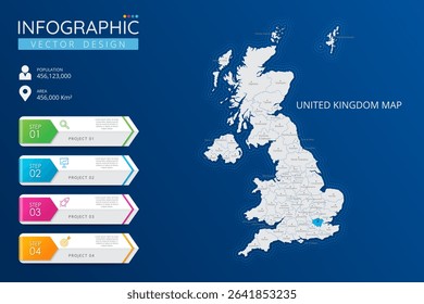 United Kingdom map with location pointer marks. High detailed country map with division, cities and capital infographic template. Vector illustration EPS10