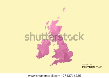 United Kingdom Map - Low poly polygon map design in soft pink pastel gradient on beige background, modern minimal geometric style, clean digital vector illustration.