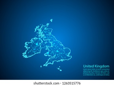 united Kingdom map with nodes linked by lines. concept of global communication and business. Dark UK map created from white dots with travel locations or internet connection.