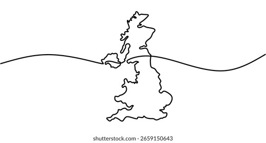 Reino Unido mapa em estilo de desenho de uma linha. Simbolizando a herança britânica, a geografia europeia e a identidade. Ilustração vetorial minimalista desenhada à mão.