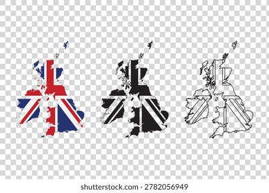 United Kingdom map outlines featuring the Union Jack flag in color black and white and line art