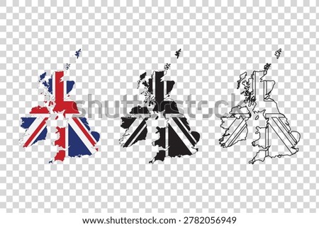 United Kingdom map outlines featuring the Union Jack flag in color black and white and line art