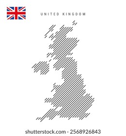 United Kingdom map from pattern of black slanted parallel lines. British map with gray diagonal lines. Silhouette of a country made of oblique hatching. Vector illustration isolated on white.