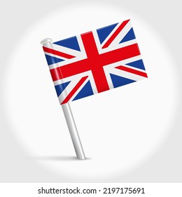 United Kingdom map pin flag icon. British pennant map marker on a metal needle. 3D realistic vector illustration.