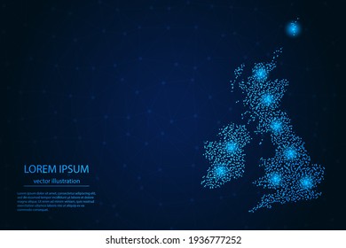 United Kingdom map from point blue and glowing stars on a dark background. Vector eps 10.