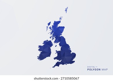 Mapa do Reino Unido - Ilustração de vetor estilo polígono em gradiente azul profundo, baixo projeto geométrico poly, Silhueta limpa isolada no fundo branco para infográficos.