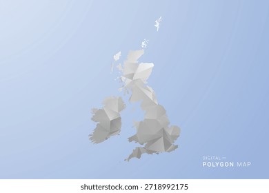 Mapa del Reino Unido - Ilustración vectorial de estilo polígono en gris, blanco y azul, diseño geométrico de bajo poli, silueta mínima, adecuada para infografía y diseño moderno.