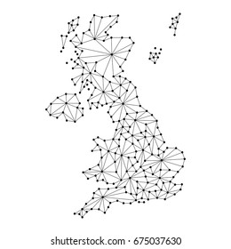 United Kingdom map of polygonal mosaic lines network, rays and dots vector illustration.