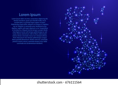 United Kingdom map of polygonal mosaic lines network, rays and space stars of vector illustration.