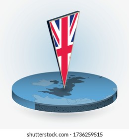 United Kingdom Map In Round Isometric Style With Triangular 3D Flag Of UK, Vector Map In Blue Color. 