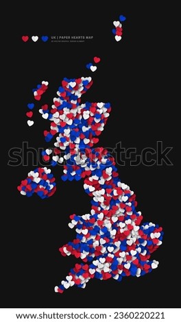 United Kingdom Map From Scattered Paper Hearts In Colours Of National Flag Vector Isolate On Black Background. UK Border Silhouette Official Colors Pattern Art Illustration For Print And Poster Design