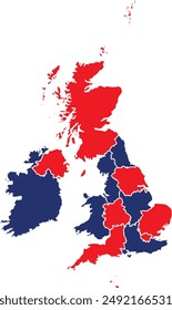 United Kingdom Map With Separate Regions in UK Flag Color Theme Editable Vector