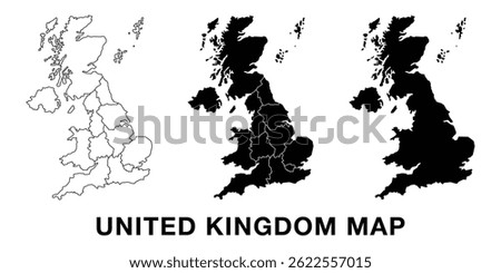 United Kingdom map set with administrative divisions, outline, and silhouette. Editable vector for infographics, presentations, and educational use.