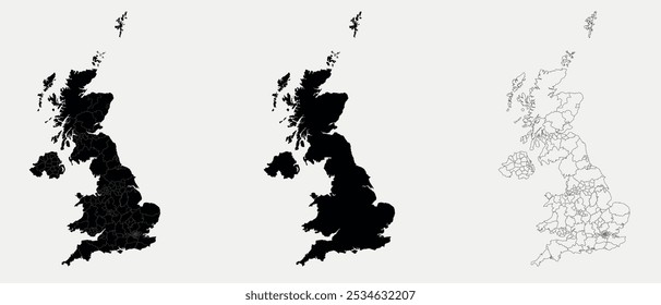 Reino Unido Mapa definir vetor isolado no fundo branco, UK Mapa preto e contorno 