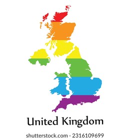 United Kingdom map shape fill rainbow color isolated on white background. Design concept country accept pride LGBT.