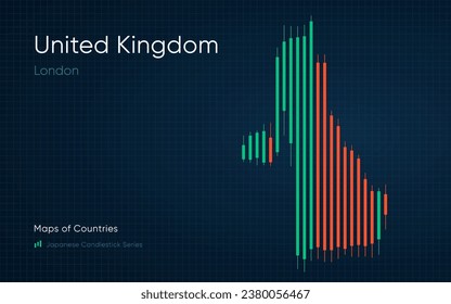 United Kingdom map is shown in a chart with bars and lines. Japanese candlestick chart Series