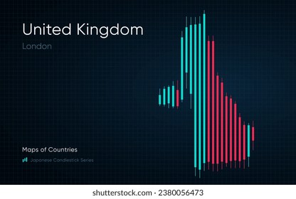 United Kingdom map is shown in a chart with bars and lines. Japanese candlestick chart Series