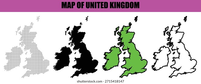 Silueta del mapa del Reino Unido creada con el arte de línea limpio y el patrón punteado, Ilustración vectorial mínima moderna aislada en el fondo blanco para infografías, presentaciones, marca y proyectos de diseño digital