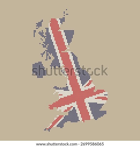 United Kingdom map silhouette filled with a striking pixelated Union Jack flag design on a muted background