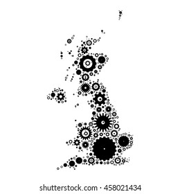 United Kingdom map silhouette mosaic of cogs and gears. Black vector illustration on white background.