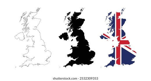 United kingdom map in various style outline, icon, black color, border, flag colors. Europe country icons collection. Vector illustration