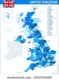 United Kingdom Map Vector Blue Spot - Customizable layered political map of United Kingdom with administrative divisions for website, education, reports, news, politics, print, poster