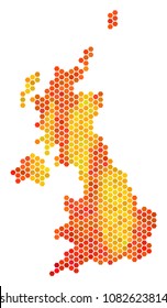 United Kingdom map. Vector hex tile geographic map drawn with hot color tints. Abstract United Kingdom map mosaic is formed with fired hex tile blots.