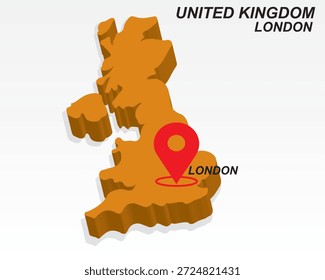 Reino Unido Mapa Vector, Londres Capital City Marker on Orange 3D Country Shape, Reino Unido Diseño Infográfico, Puntero de Destino Editable Reino Unido Geografía