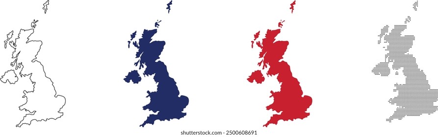 united kingdom map vector in various style outline, blue, red, dotted.