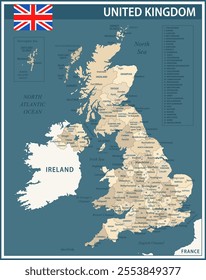 United Kingdom Map Vector Vintage Dark Blue Beige - Customizable layered political map of United Kingdom with administrative divisions for website, education, reports, news, politics, print, poster