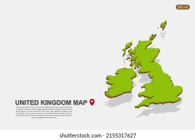 United Kingdom Map - World map International vector template with isometric style including shadow, green and brown color isolated on white background for design - Vector illustration eps 10