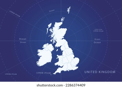 United Kingdom Map - World Map International vector template with High detailed and white color including circle line on blue background for design, infographic, website - Vector illustration eps 10