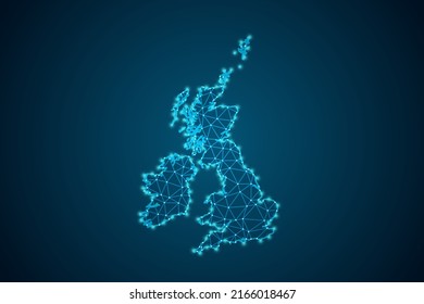 United Kingdom Map - World Map mash line and point scales on blue technology background. Wire Frame 3D mesh polygonal network line, design sphere, dot and structure -  Vector illustration eps 10