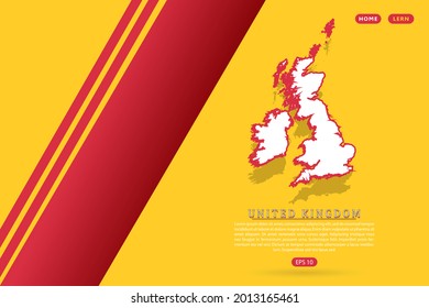 Mapa del Reino Unido - Mapa mundial de la plantilla del vector del mapa con estilo isométrico que incluye sombra, color blanco y rojo sobre fondo amarillo para sitio web, infografía, banner - Ilustración vectorial eps 10