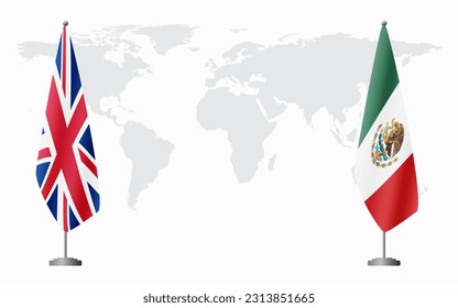 United Kingdom and Mexico flags for official meeting against background of world map.