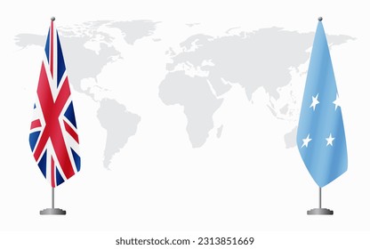 United Kingdom and Micronesia flags for official meeting against background of world map.