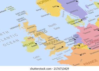 United Kingdom in the middle of europe map, close up United Kingdom, travel idea, pinned destination, top view, vacation and road trip concept, colorful map with location icon